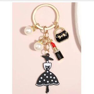 Retro Lady Lipstick Purse Sparkly Pearls Keychain